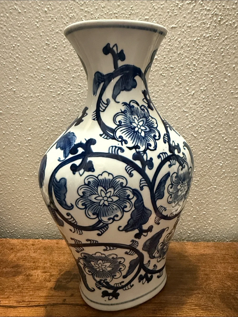 Blue and White Floral Ceramic Vase Approx 11”